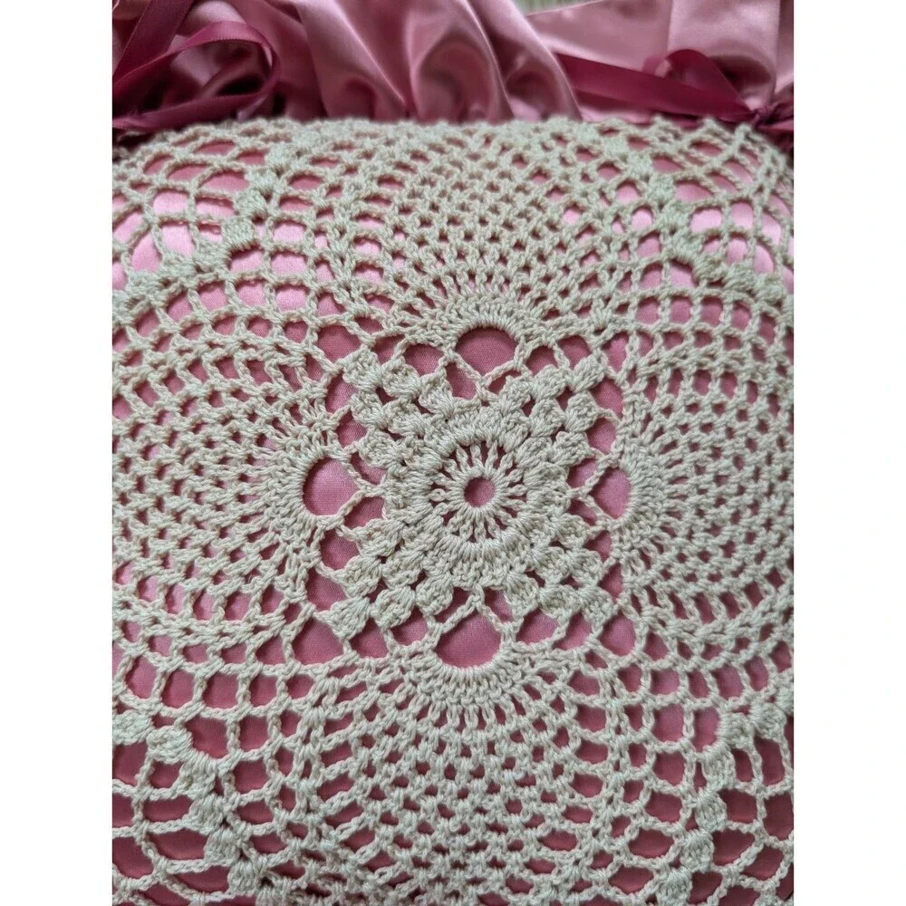 Vintage Crochet Lace Satin Ruffle Bows Throw Pillow Girl's Bedroom Decor Dainty